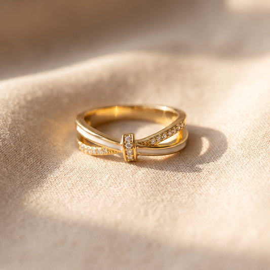 Adjustable Gold Crossover Crystal Ring