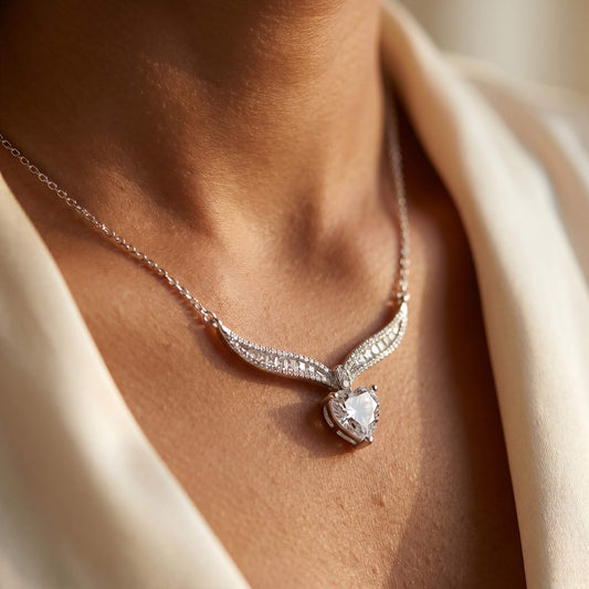 Belle Heart Drop V-Bar Necklace | 925 Silver Baguette Pavé