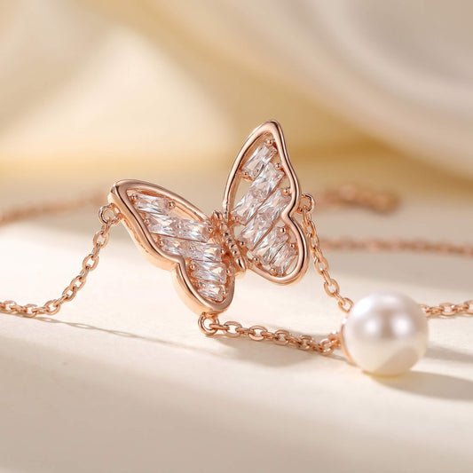 Papillon Lariat Butterfly Pearl Drop Necklace | Rose Gold 925 Silver