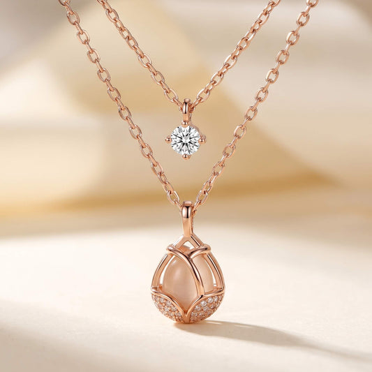 Tulipe Layered Tulip Cabochon Necklace | Rose Gold 925 Silver