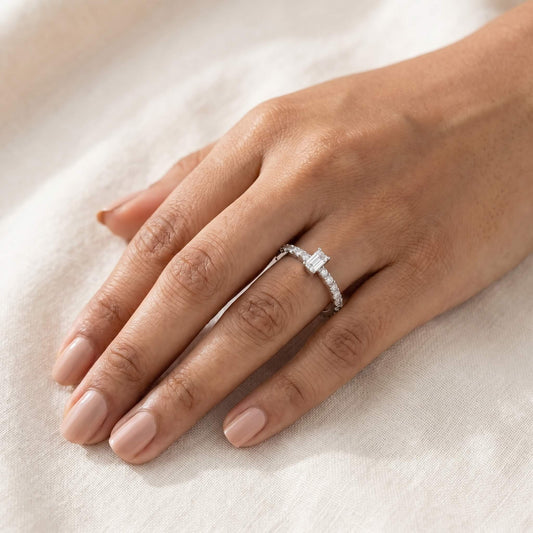 Estelle Halo Emerald Cut Solitaire Ring | 925 Silver Full Pavé Band