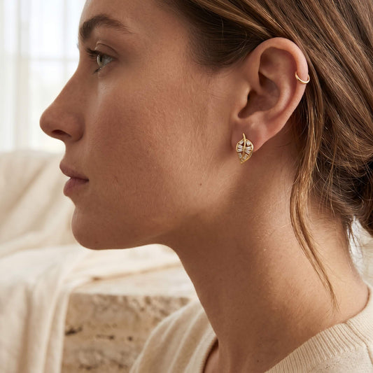 Olive Leaf Baguette Stud Earrings | Yellow Gold 925 Silver