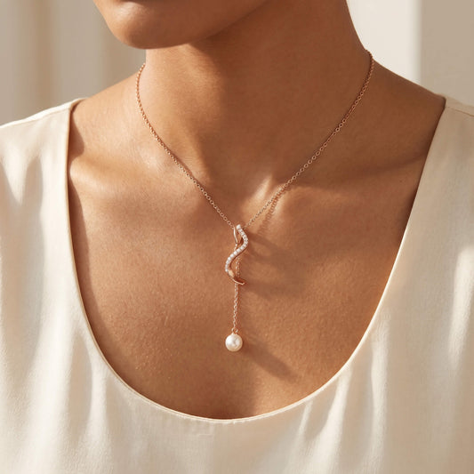 Lumen Lariat Pearl Drop Pendant Necklace | Rose Gold Plated 925 Silver