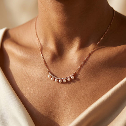 Nacre Pearl Row Smile Bar Necklace | Rose Gold 925 Silver