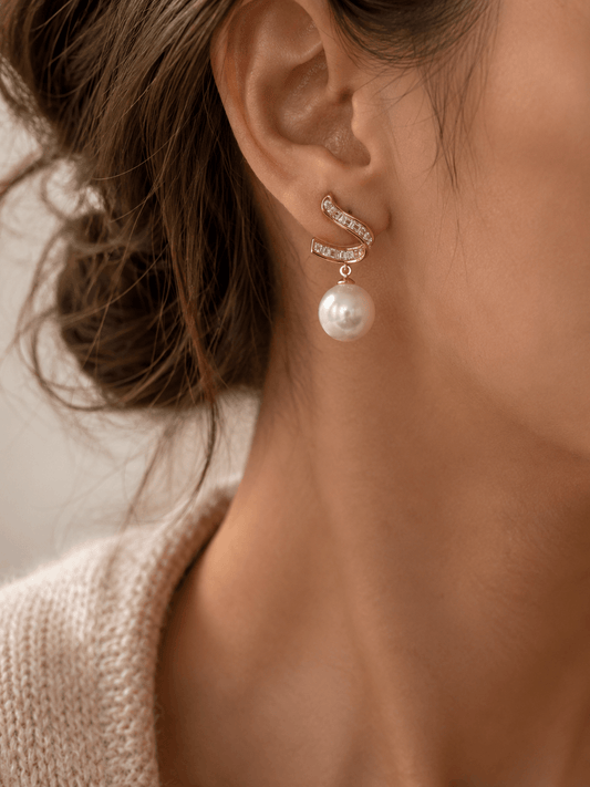 Spiraline Baguette Pearl Drop Earrings | Rose Gold 925 Silver