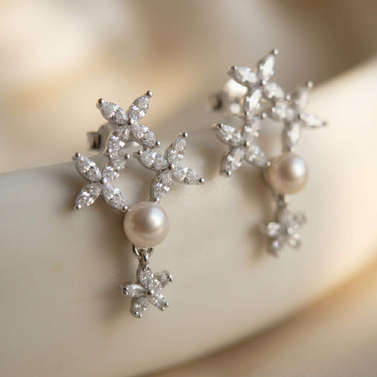 Laurel Marquise Bloom Pearl Drop Earrings | 925 Silver