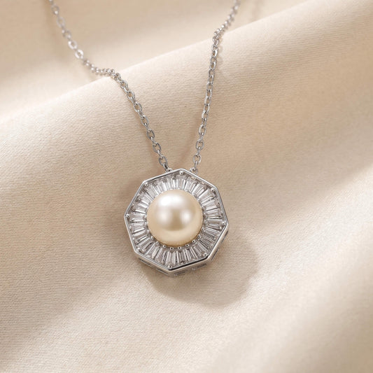 Perle Octagon Pearl Pendant Necklace | 925 Silver Baguette Frame