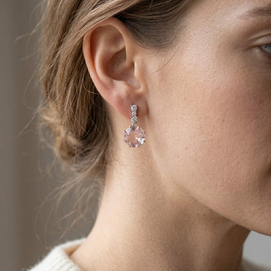 Rose Pink Solitaire Pave Bar Drop Earrings | 925 Silver