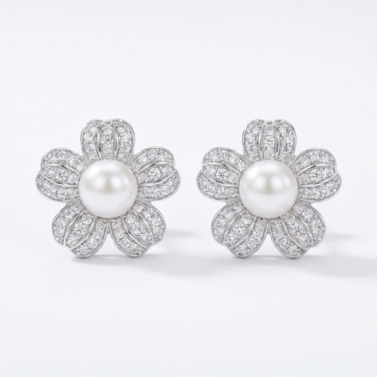 Fleurette Four-Petal Blossom Pearl Pave Stud Earrings | 925 Silver