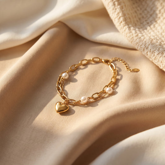 Pearl & Heart Chain Bracelet Set