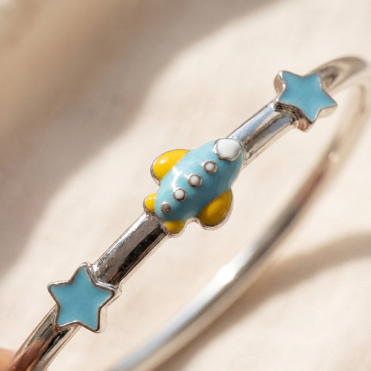 Airplane & Star Bangle for Kids | 925 Silver | Olive & Gold