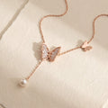 Papillon Lariat Butterfly Pearl Drop Necklace | Rose Gold 925 Silver