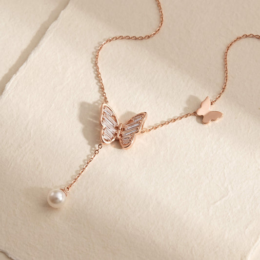 Papillon Lariat Butterfly Pearl Drop Necklace | Rose Gold 925 Silver