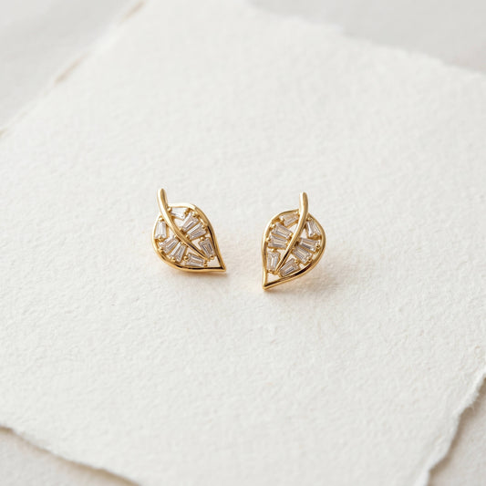 Olive Leaf Baguette Stud Earrings | Yellow Gold 925 Silver