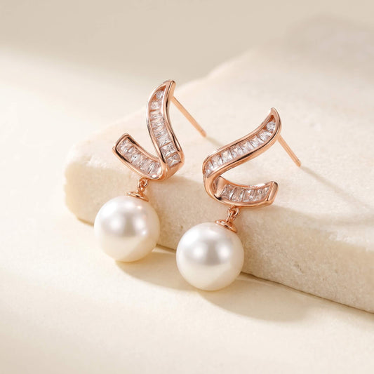 Spiraline Baguette Pearl Drop Earrings | Rose Gold 925 Silver